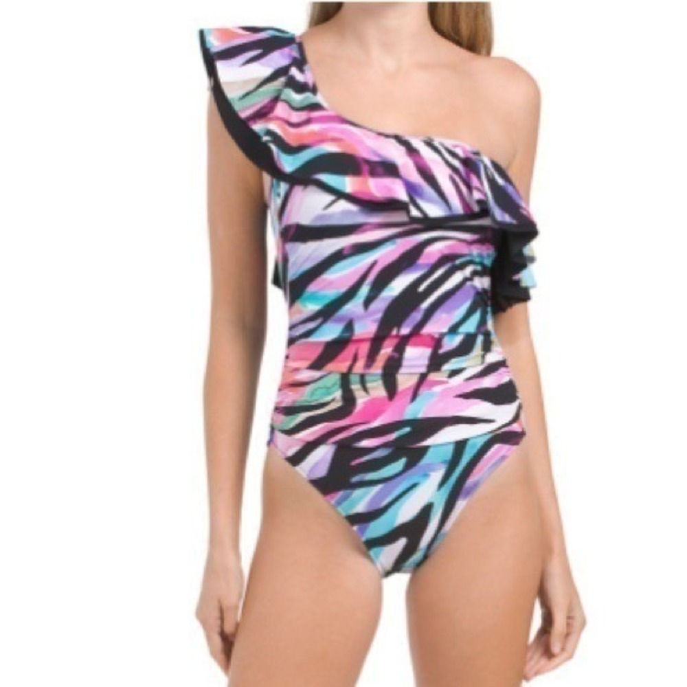 Gottex Women's One Shoulder Swimsuit Ruffle Zebra Print One Piece Size 8